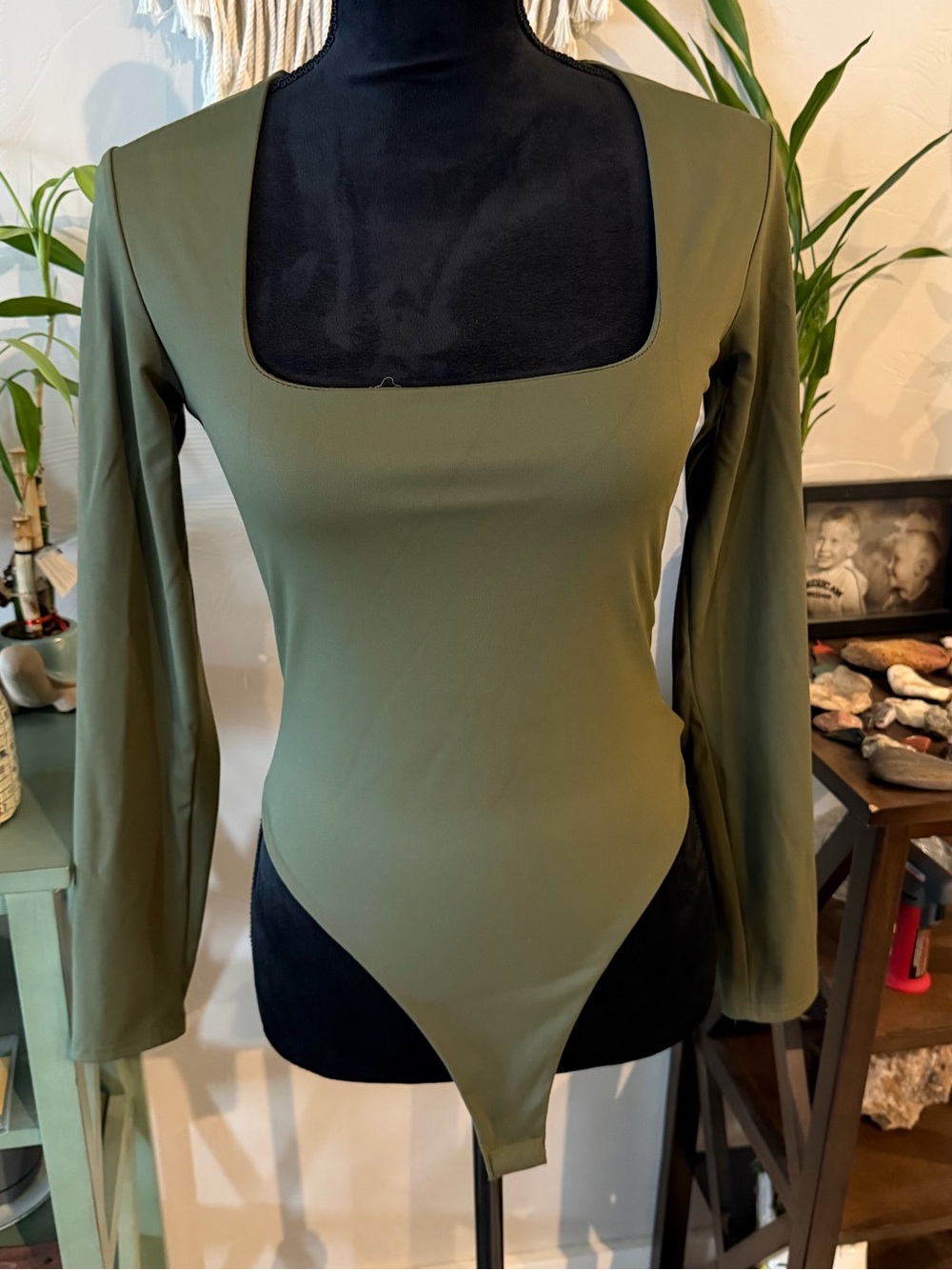 Square Neck Olive Green Long Sleeve Bodysuit - Women